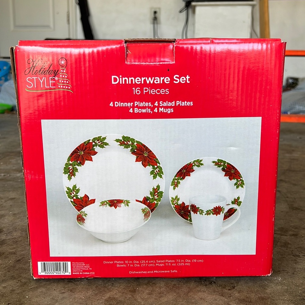 Dinnerware Set: 16 pieces. 4 available sets. New in box.